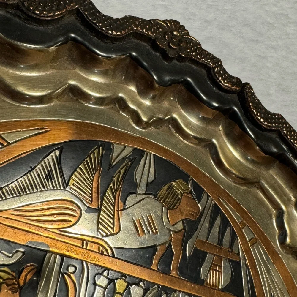 Decorative Vintage MCM Metal Brass Copper Wall Plate Egyptian Pharaoh Motif Rare